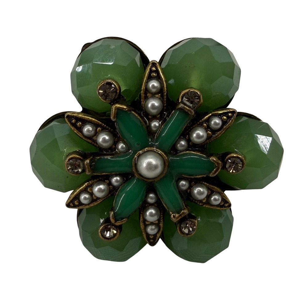Signed Ollipop USA Green Floral Statement Ring Adjustable Vintage Style‎